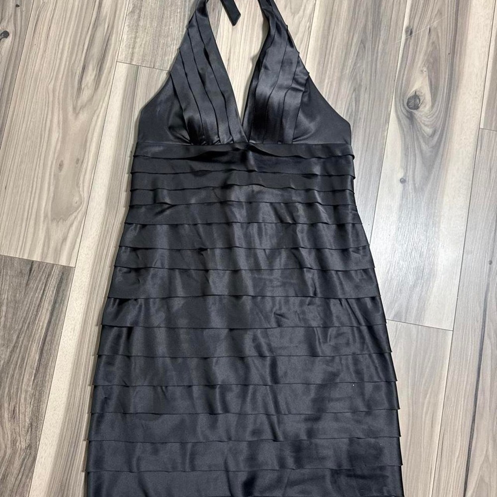AGB Dress Womens Black Satin Tiered Halter Mini Dress Size 16 Cocktail Party